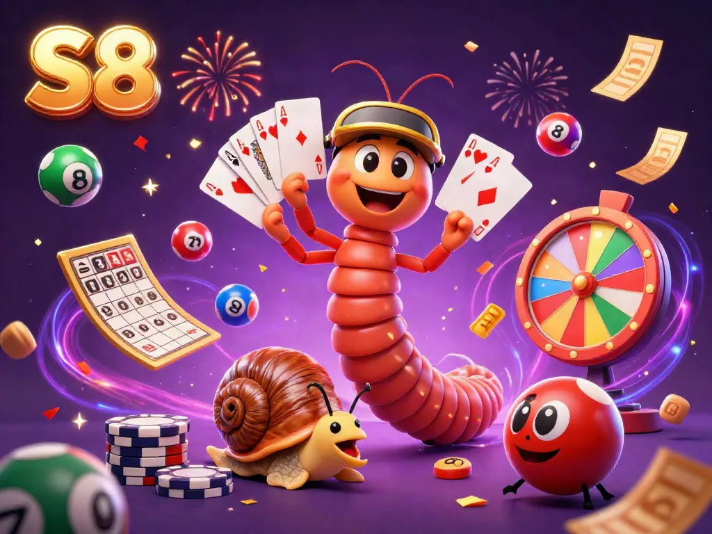 S8 interactivity thrives as a colorful cartoon millipede dealer manages dynamic casino excitement with vibrant games.