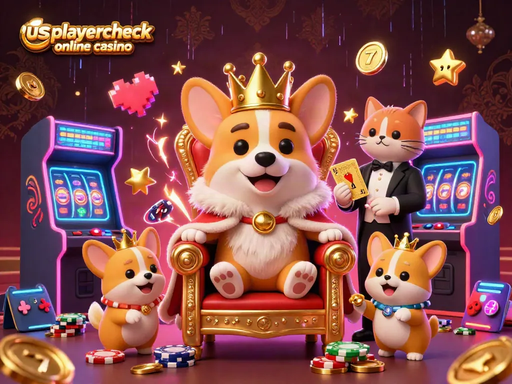 Experience the excitement of usplayercheck online casino with a royal corgi and colorful gaming elements.