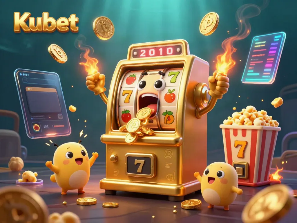 Kubet slot machine celebrates a jackpot win, with golden coins pouring and cheering baby slots in attendance.