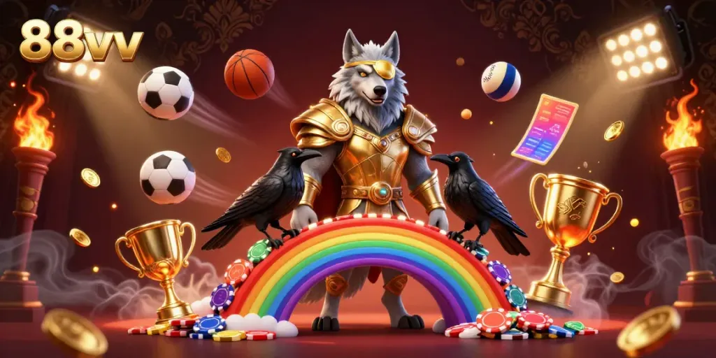 Experience thrilling wins with 88vv in this vibrant casino scene featuring Odin and sports elements.