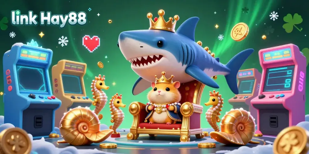 Experience link Hay88's thrilling casino atmosphere with vibrant 3D characters, arcade games, and golden coins.