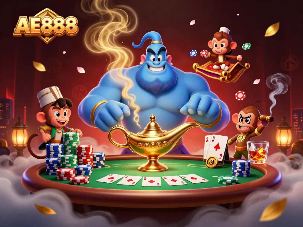 Experience the excitement of AE888 with a vibrant 3D scene featuring a genie, poker chips, and a magic carpet.