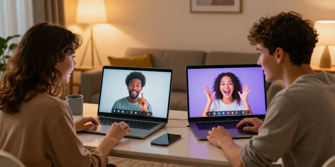 Engaging ai porn chat scene with diverse couple in cozy setting, showcasing playful digital avatars.