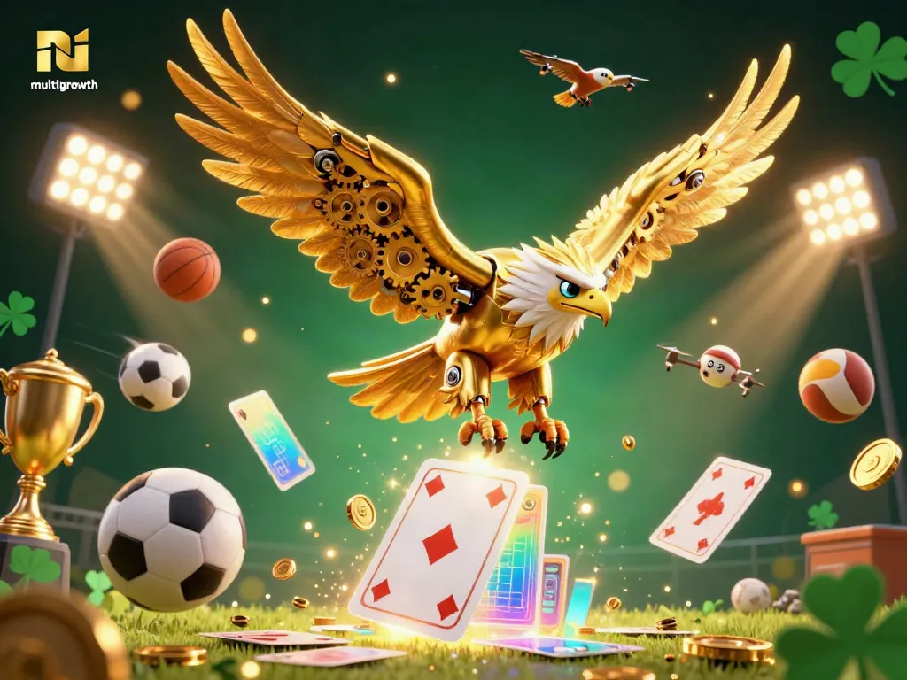 Experience multigrowth in an engaging scene featuring a golden eagle, holographic cards, and dynamic sports elements.