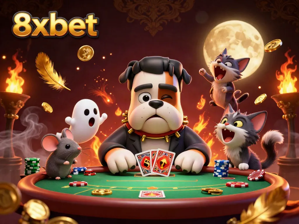 Experience 8xbet excitement with a whimsical poker scene featuring a Frankenstein bulldog dealer and a ghost mouse.
