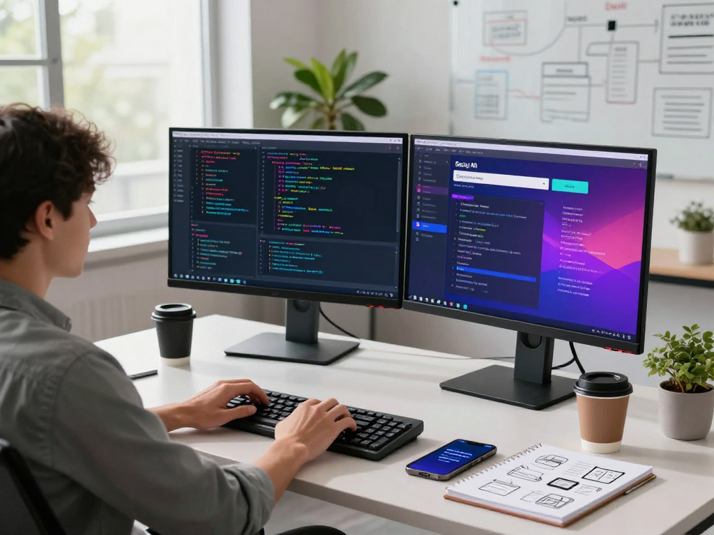 Developer using spicy AI chat tool at modern tech desk, coding and brainstorming.