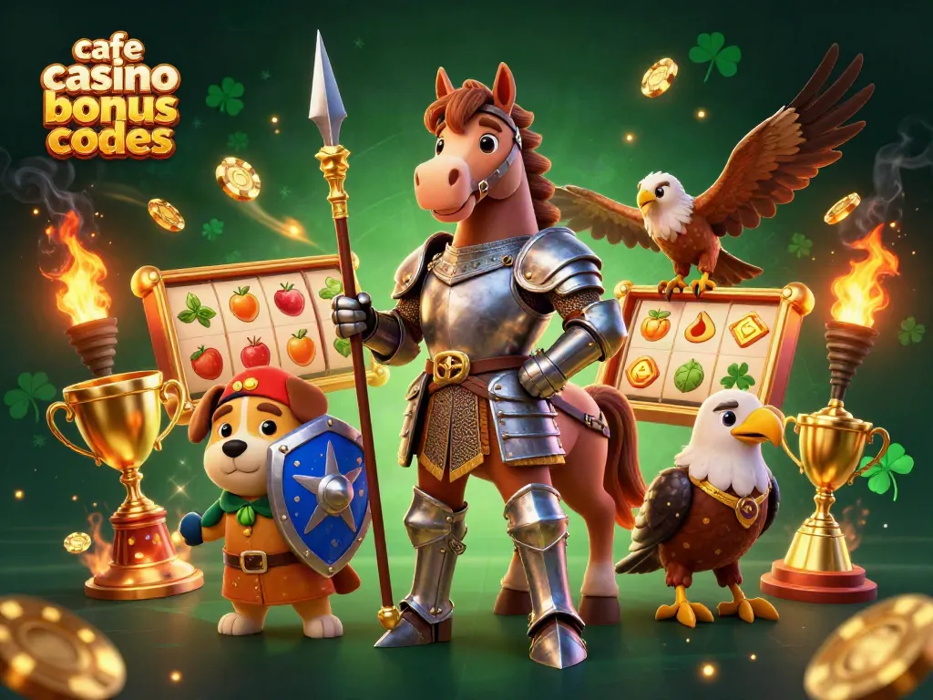 Illustration of cafe casino bonus codes showcasing knights, slots, and dynamic casino elements.