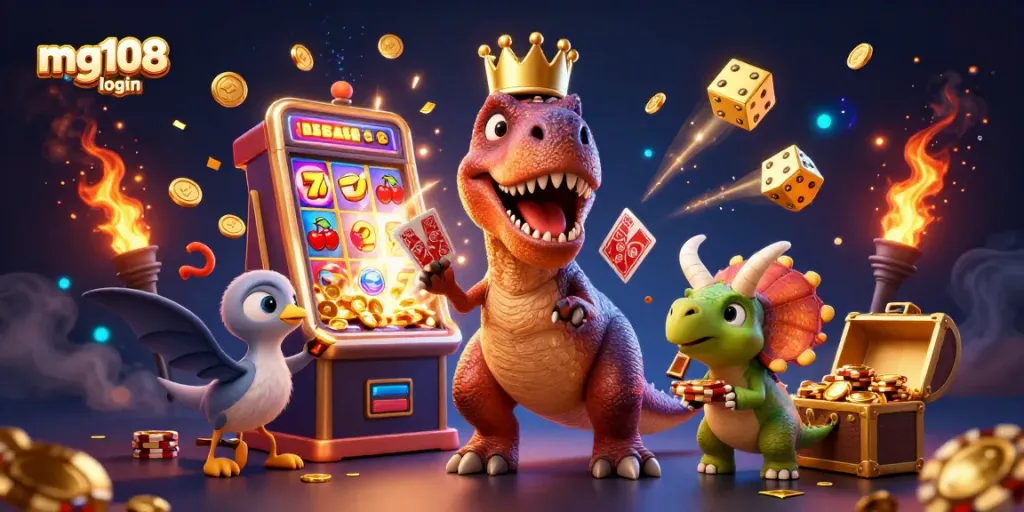 Masuk ke mg108 login dan nikmati keseruan bermain dengan simbol jackpot, slot, dan chip emas yang berkilau.