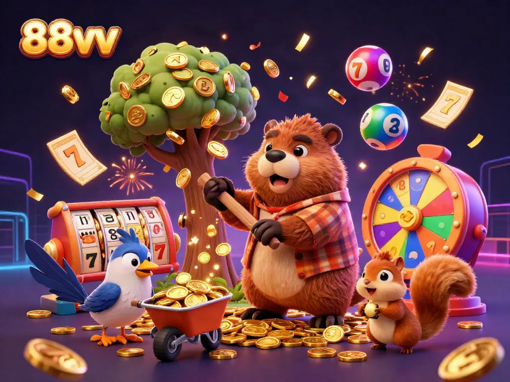 Engaging 3D scene of 88vv casino characters celebrating wins with gold coins and slot machines.