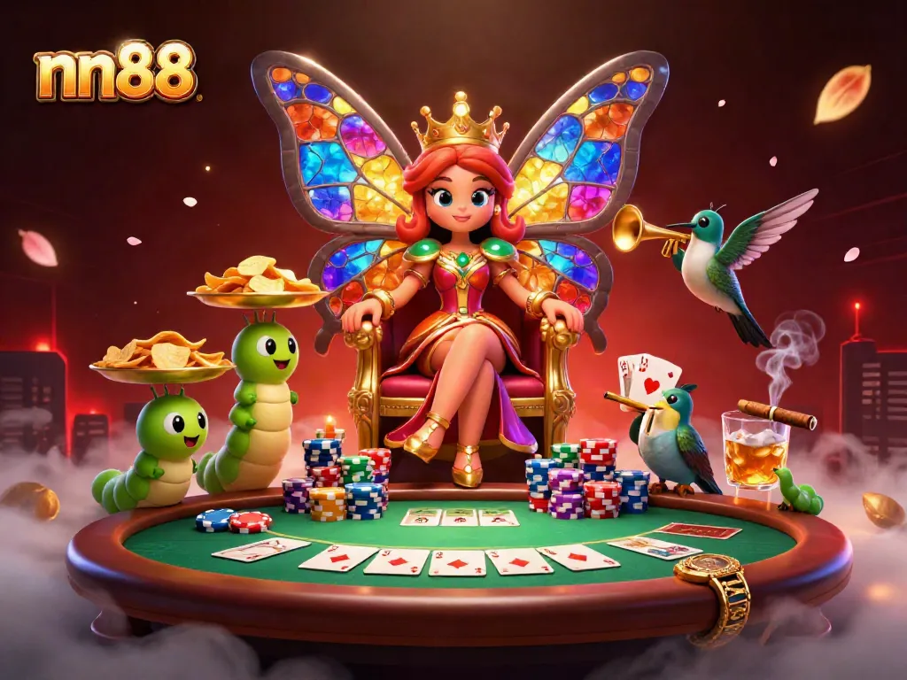 Experience the thrilling atmosphere of nn88, featuring animated casino characters, vibrant poker elements, and a luxurious backdrop.