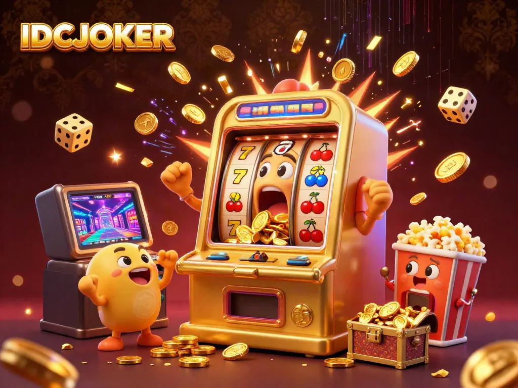 IDCJOKER unleashes excitement as a cartoon slot machine hits a jackpot, surrounded by cheering mini machines and colorful casino elements.