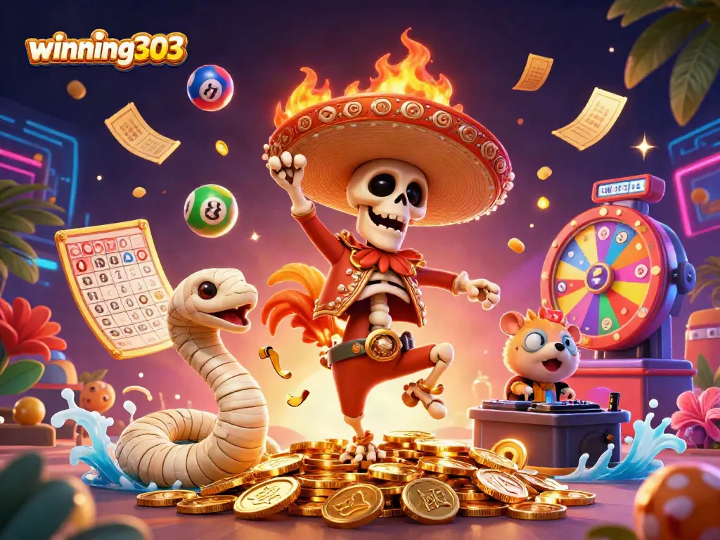Winning303 showcases vibrant casino excitement with 3D characters celebrating over a golden coin pile.