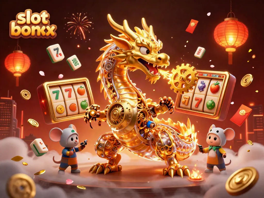 Experience thrilling slot bonus excitement with a golden dragon and vibrant casino elements.