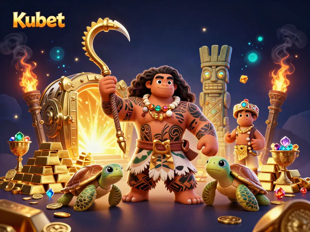 Kubet showcases a vibrant scene with a demigod hawk, treasure, and glowing tiki statues in an engaging casino context.