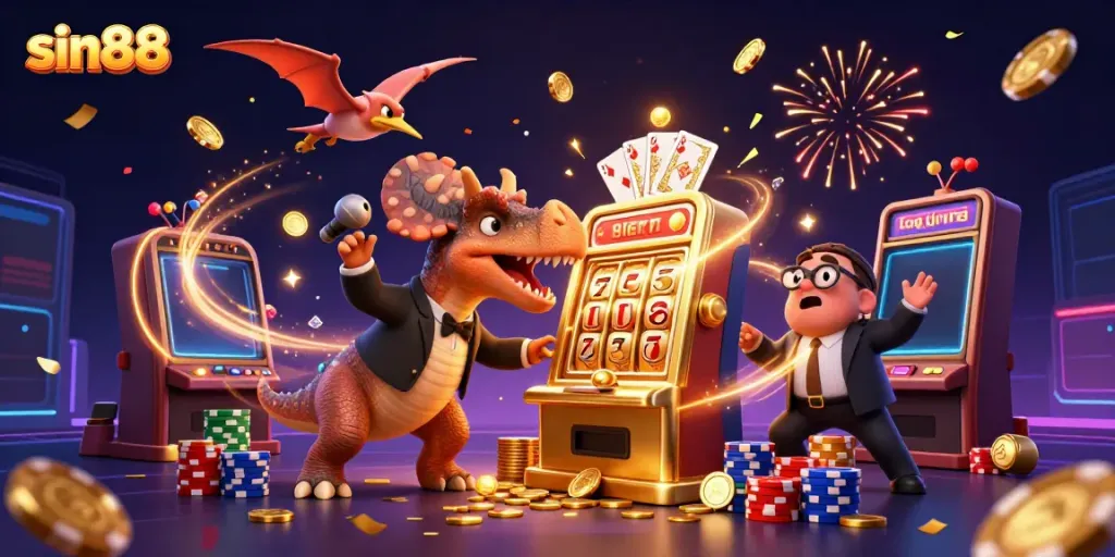 Experience thrilling moments with sin88 as a dinosaur interacts with a golden slot machine.