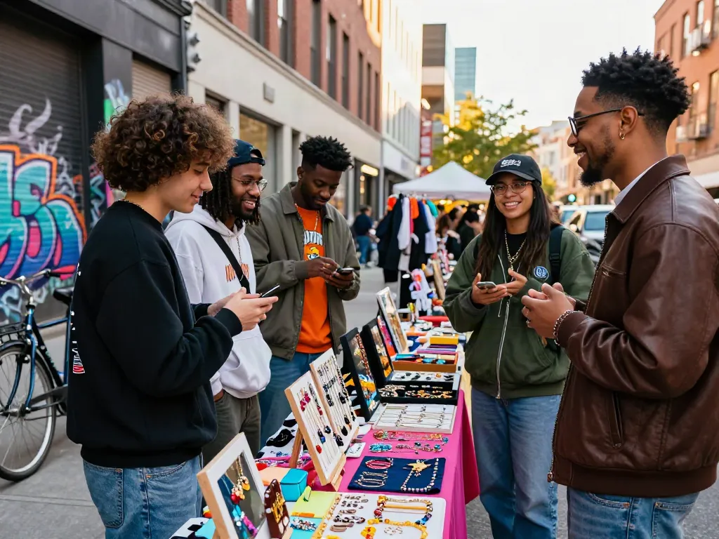 Youthful friends exploring peh888 street market fashion trends in urban setting.