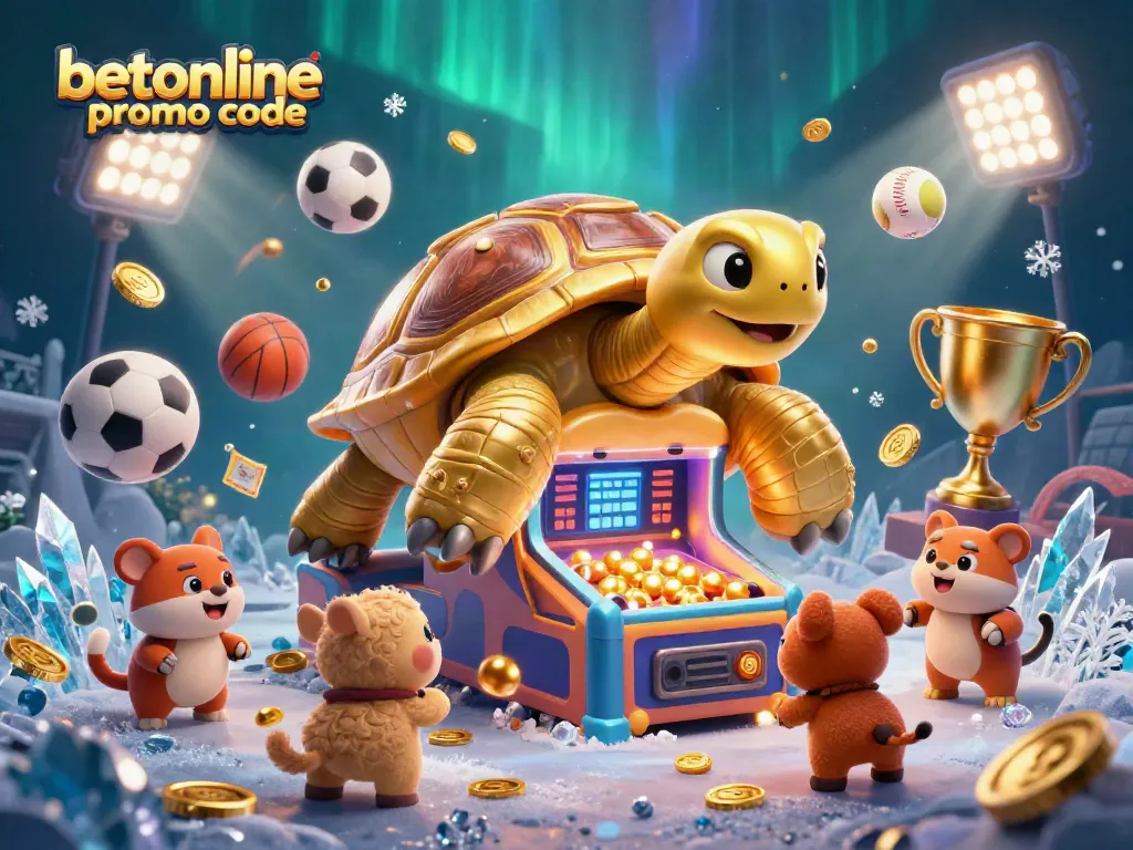 Engage with BetOnline promo code excitement through a vibrant casino-themed scene filled with dynamic sports elements.
