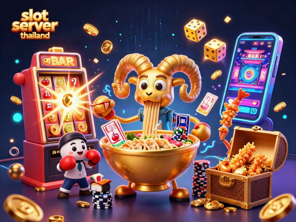 Experience slot server thailand with a vibrant 3D scene filled with colorful elements and dynamic casino action.