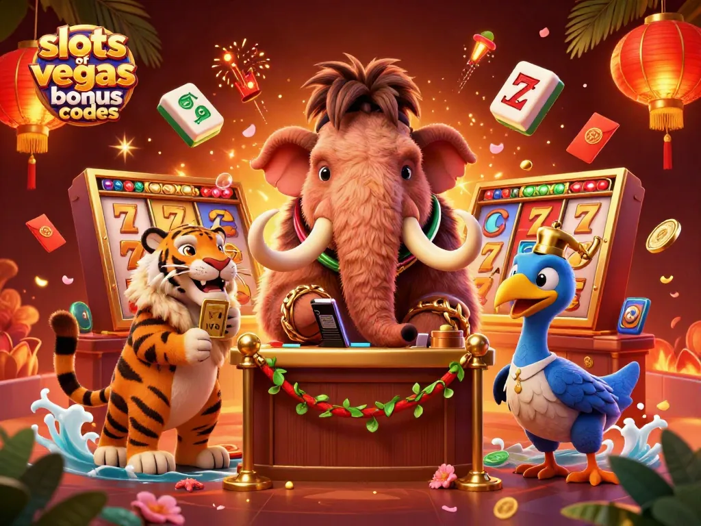 Engage with slots of vegas bonus codes in this vibrant 3D cartoon casino scene featuring unique characters.