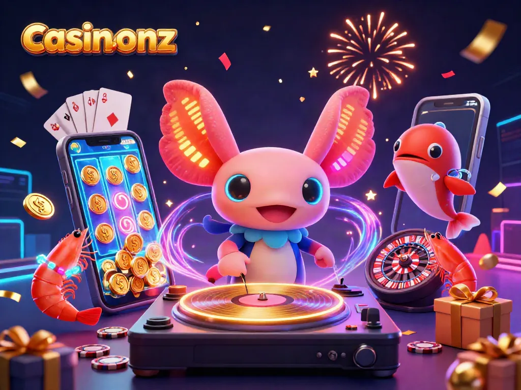 Experience thrilling slots at casinosnz with a vibrant 3D party scene featuring animated characters and casino elements.