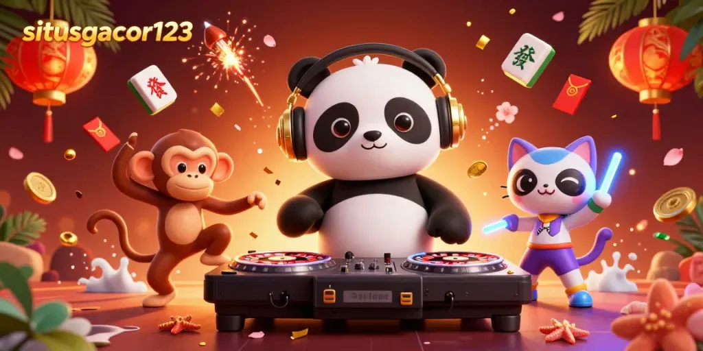 Engage with exciting gameplay at situsgacor123 featuring a DJ panda, breakdancing monkey, and rave kitten in a vibrant casino scene.