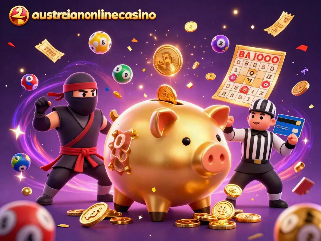 Experience excitement with a vibrant scene showcasing australianonlinecasino characters amidst a shower of gold coins and lottery elements.