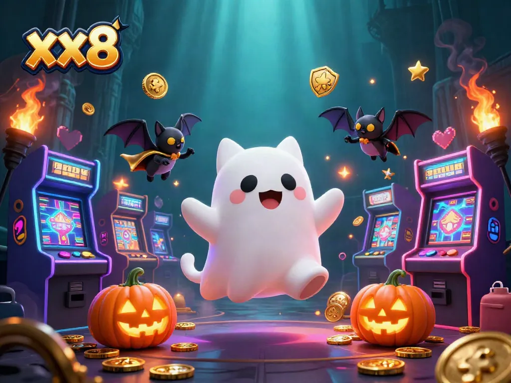 Experience thrilling fun with xx8, a floating ghost cat in a vibrant casino scene filled with games.