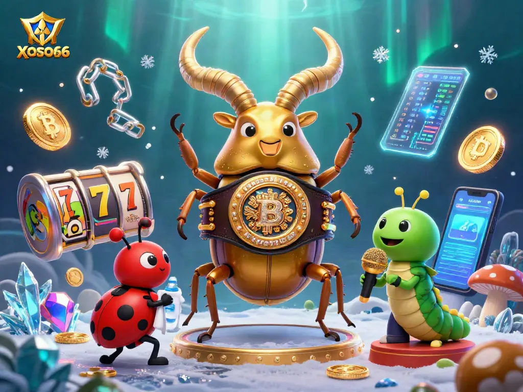 XOSO66 slots and crypto gaming scene with a golden stag beetle and ladybug corner-man