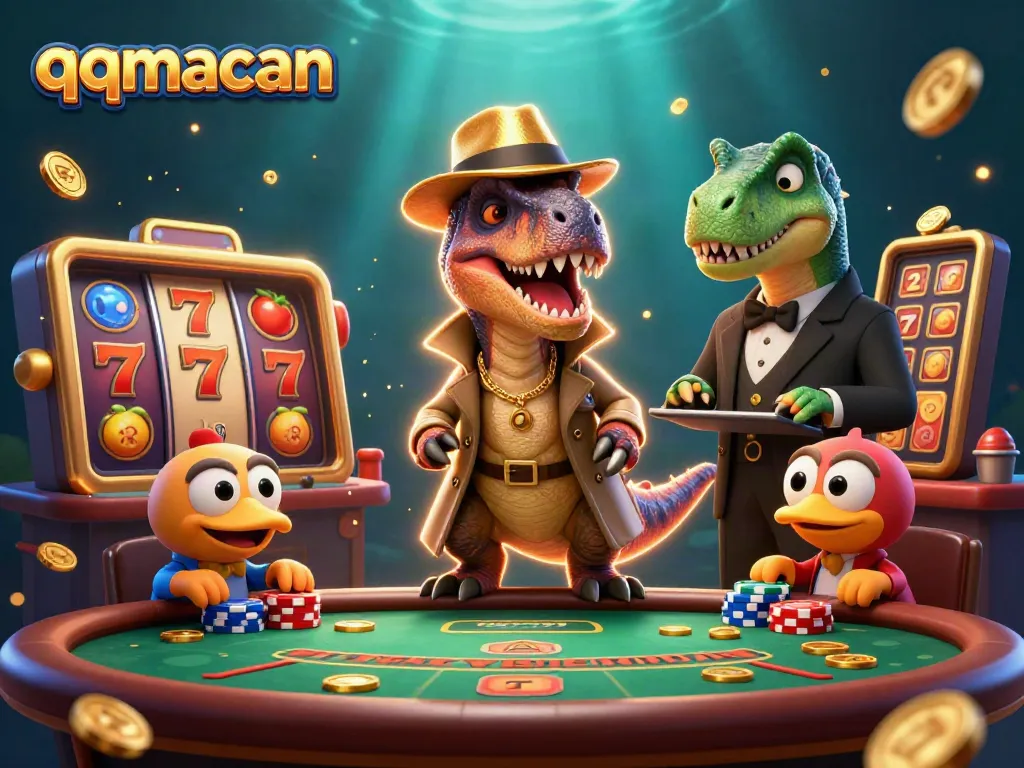 Experience thrilling casino action with qqmacan featuring a velociraptor card counter at a blackjack table.