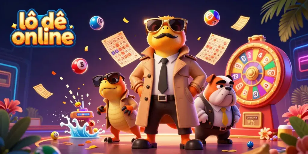 Engage in lô đề online with vibrant lottery elements and playful characters in a casino setting.