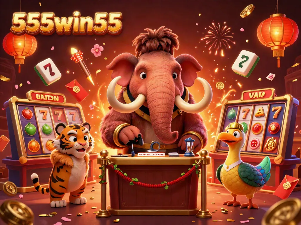 Experience vibrant gaming at 555win55, featuring a lively scene with a woolly mammoth bouncer and slot machines.