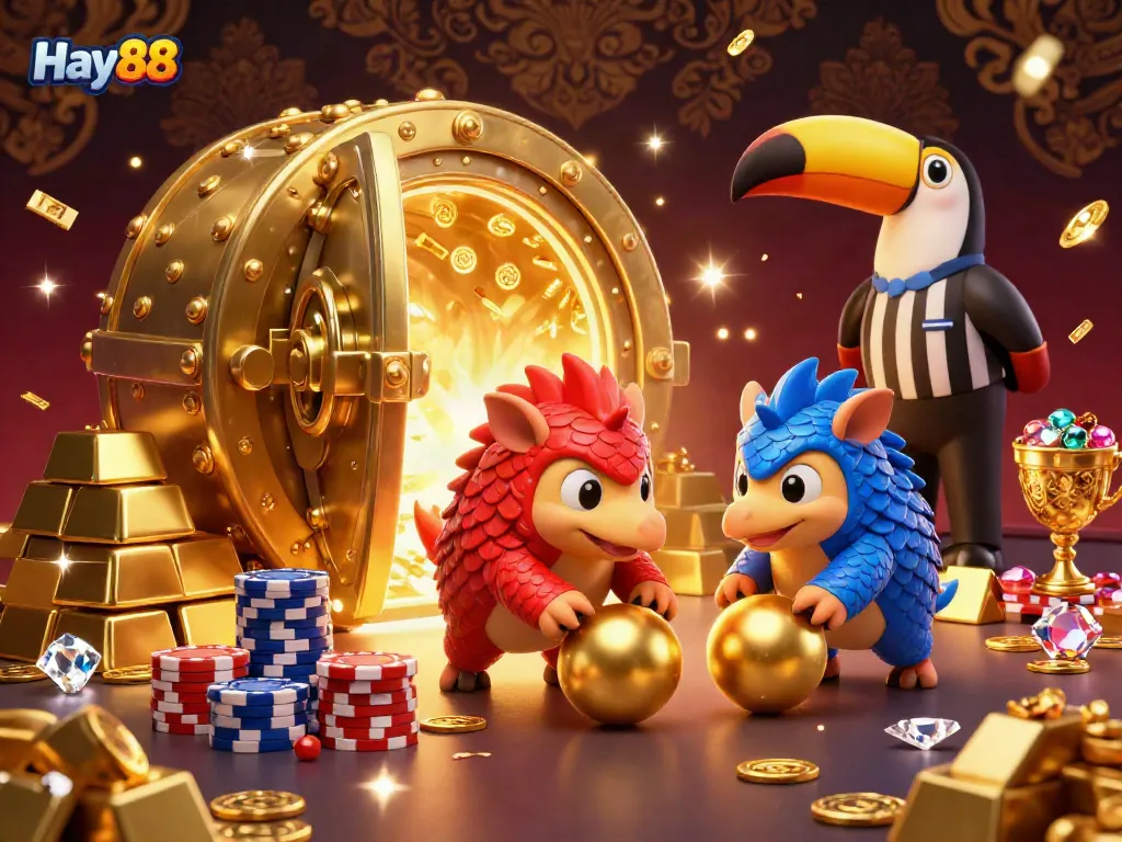 Experience thrilling gameplay with Hay88 as rival pangolins clash among gold and poker chips in this vibrant illustration.
