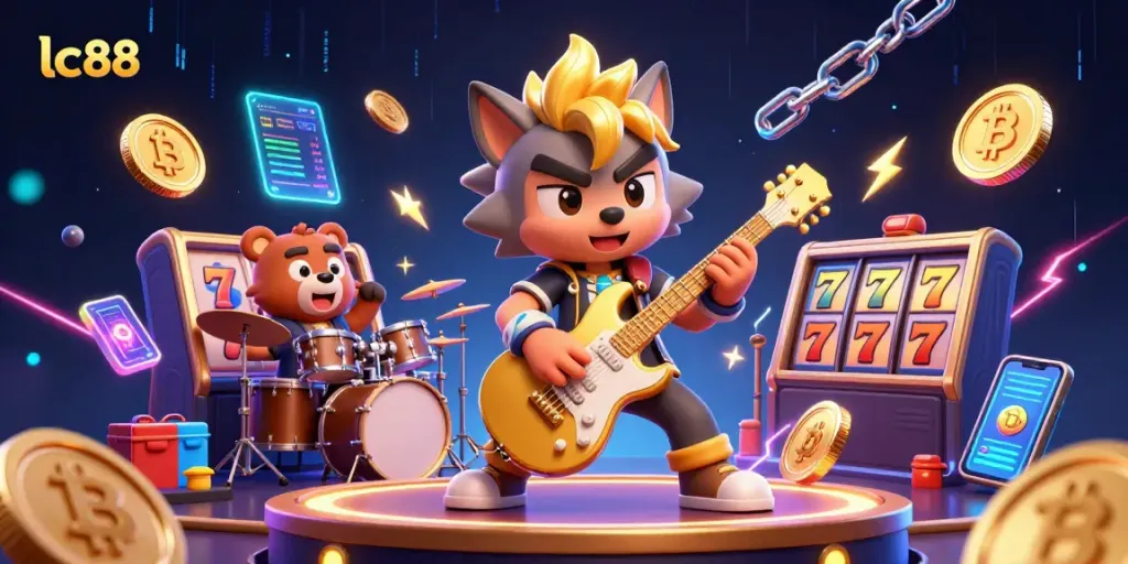 Experience thrilling gaming action with lc88 while a rock star wolf and drummer bear perform in a casino.