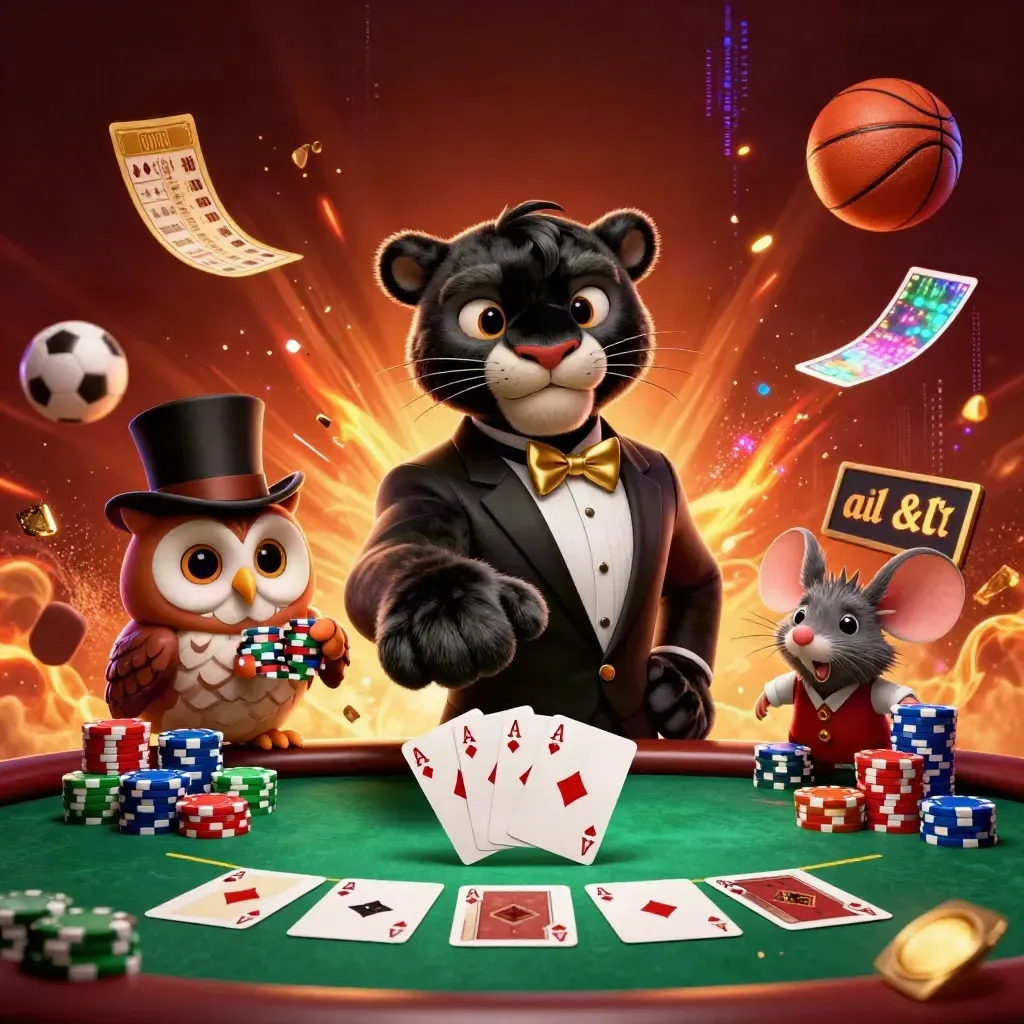 Panther, owl, and mouse in a casino sports burst with chips, cards, ball, and neon sparks.