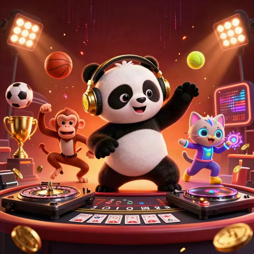 DJ panda, monkey, and glow-stick kitten in a neon casino burst of gold and lights.