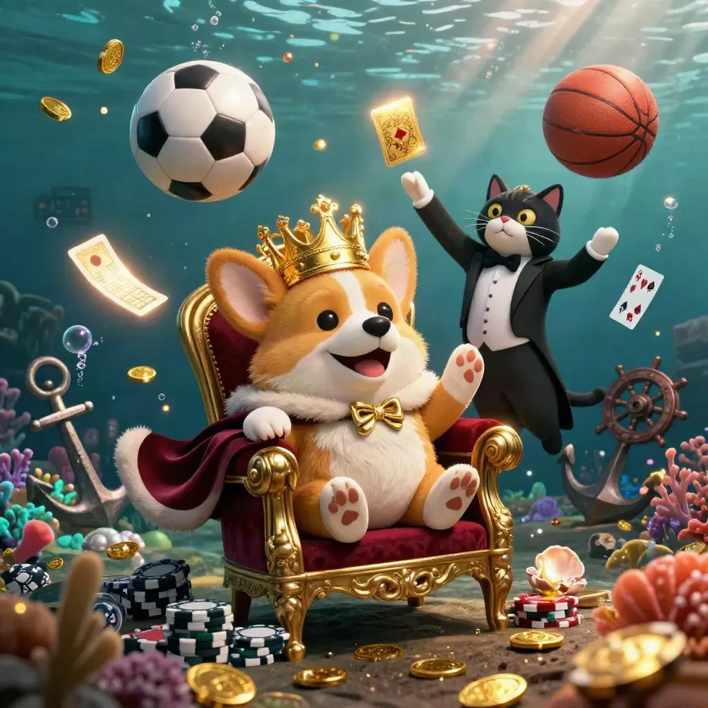 Royal corgi and cat butler amid gold coins, cards, soccer and basketball in an underwater casino scene.