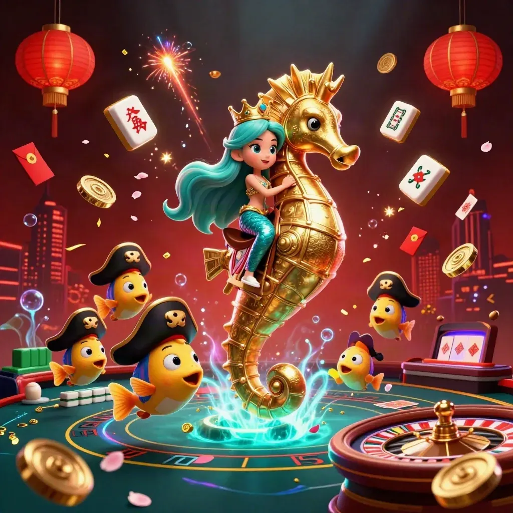 Mermaid princess on a golden seahorse amid casino treasures, fish, lanterns, coins, and glowing lights.