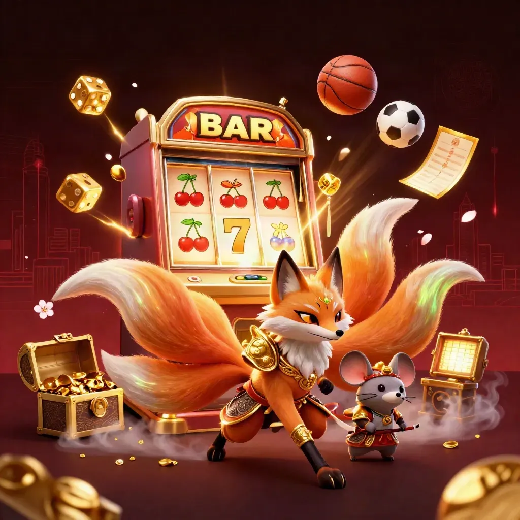 Neon fox spirit and armored mouse amid casino symbols, gold, balls, fog, and red light.