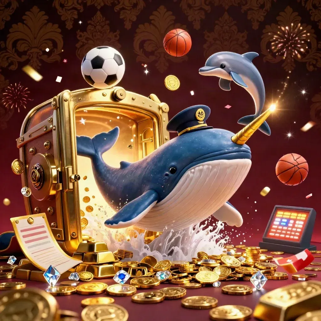 Luxe whale captain, narwhal, and dolphins amid coins, gold, sports balls, and casino glow.