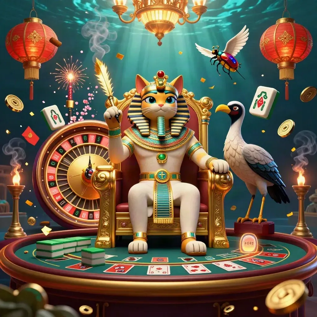 Pharaoh cat, ibis scribe and gem-winged scarabs in a luxe casino scene with lanterns and coins.