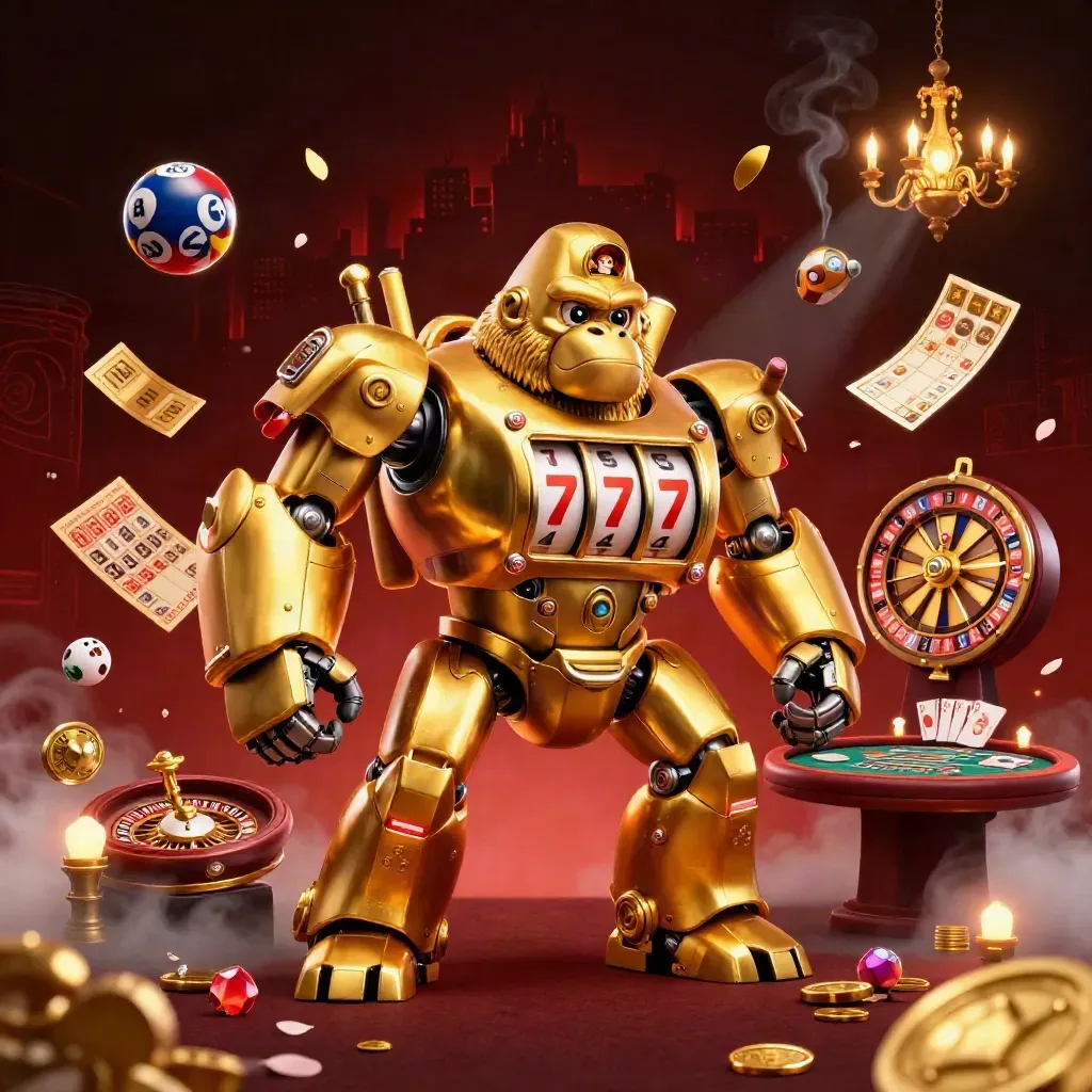 Golden gorilla mech with monkey pilot amid casino props and neon red luxury lights.