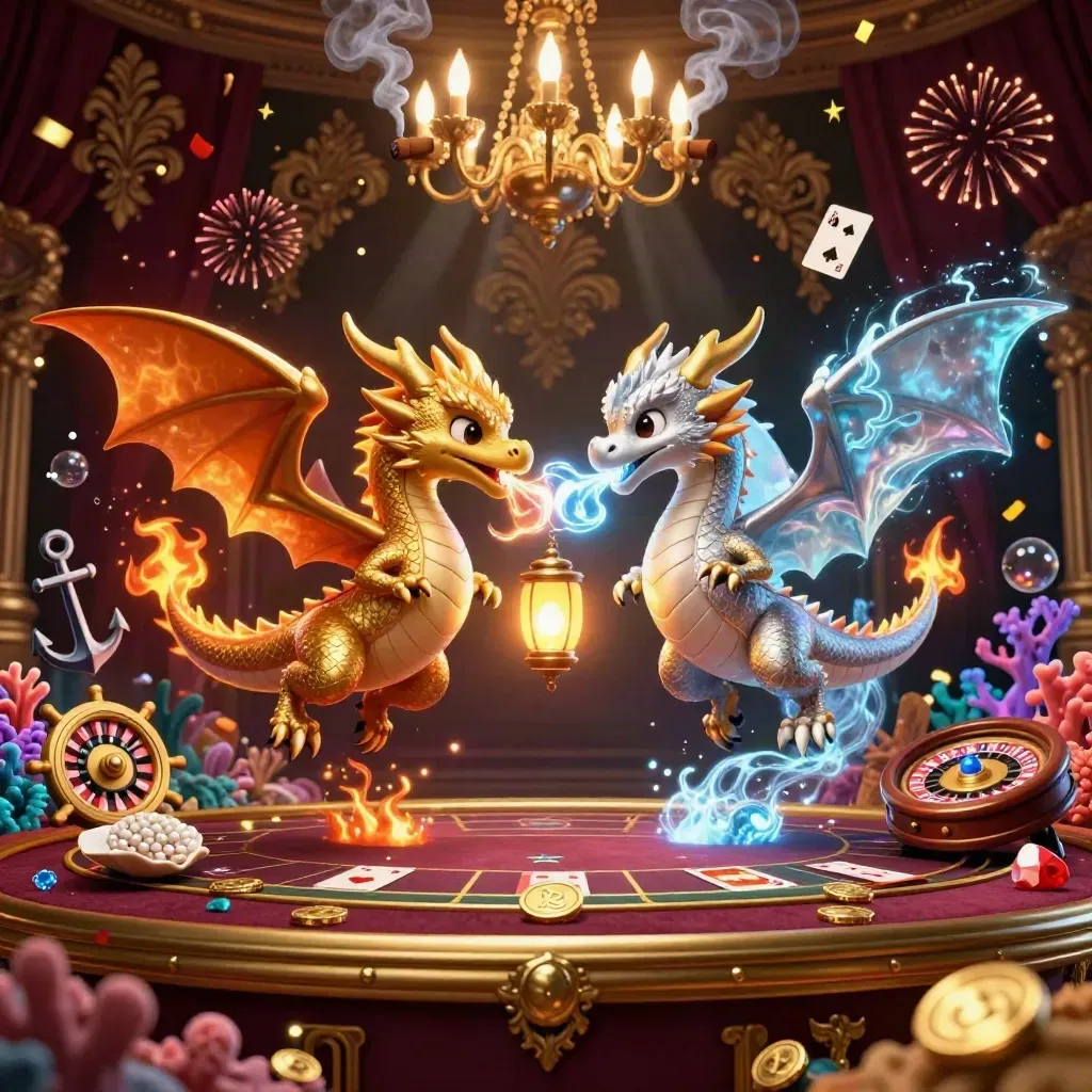 Gold and silver dragons swirl over casino treasure, roulette wheel, coral, and chandelier glow.