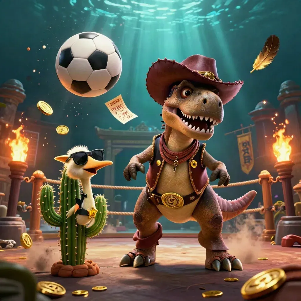 Cartoon cowboy T-Rex, cactus, and roadrunner burst through a luxe casino sports scene.
