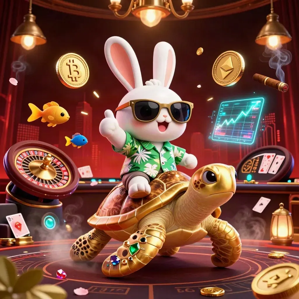 Lucky rabbit on a golden turtle amid neon casino-tech luxury, skyline glow and falling petals.