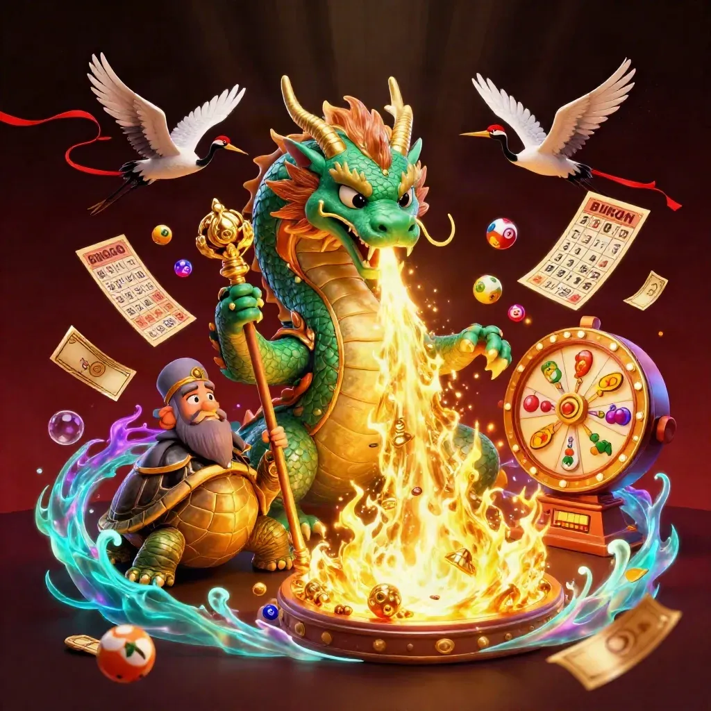 Emerald dragon, turtle sage, and cranes amid gold fire, lottery balls, and casino treasure.
