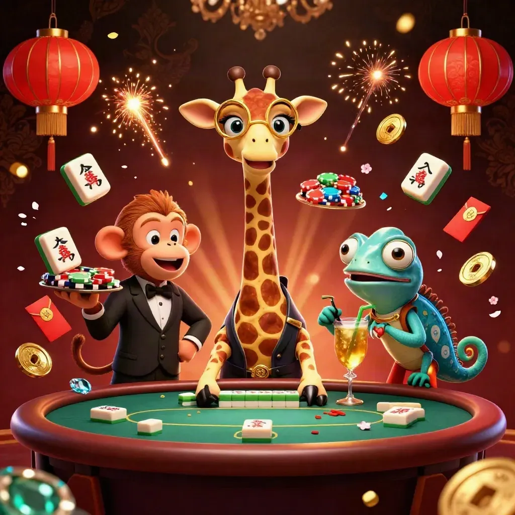 Glamorous giraffe, monkey, and chameleon casino mascots amid gold, lanterns, coins, and cyan glow.