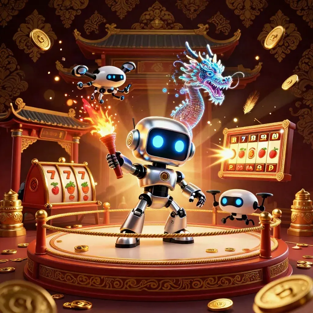 Cyberpunk robot, holographic dragon, and coin drone bursting with gold in a luxury casino scene.