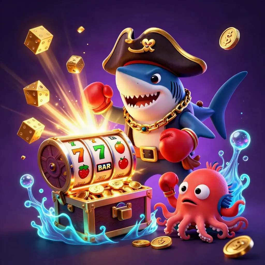 Pirate shark, boxing pufferfish, and coin-juggling octopus amid a bursting slot machine.