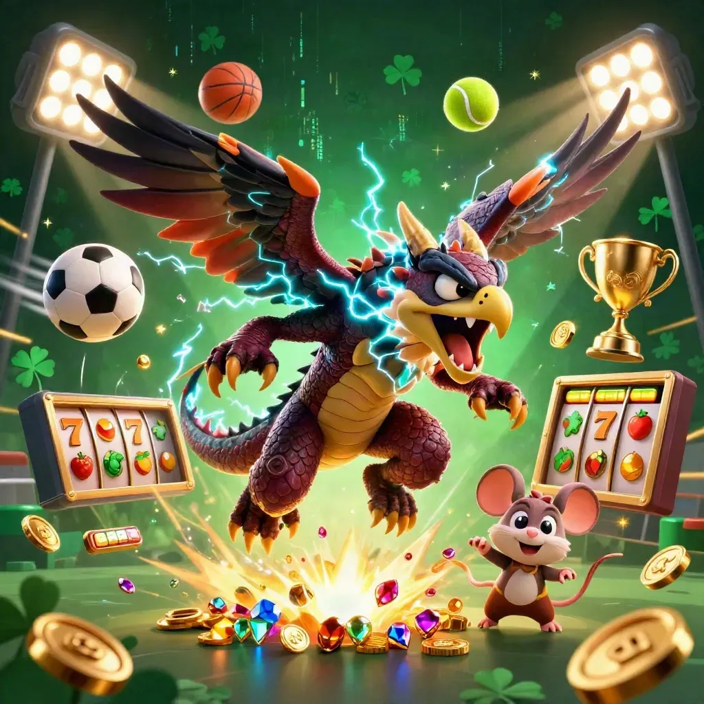 Thunder dragon, wind hawk, and thunder-mouse burst through casino treasure and neon energy