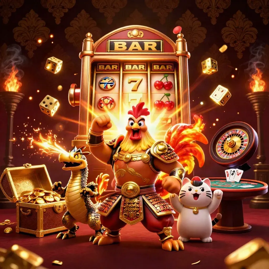 Rooster warrior, dragon hatchling, and fortune-cat amid exploding slots, gold, and casino cards.